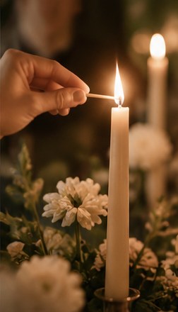 A taper candle being lit above white florals